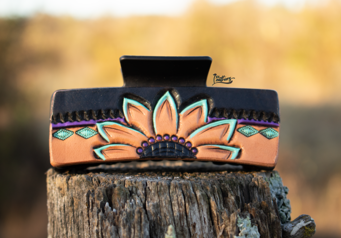 Black Mint and Purple Sunflower 4 inch Hair Claw Clip