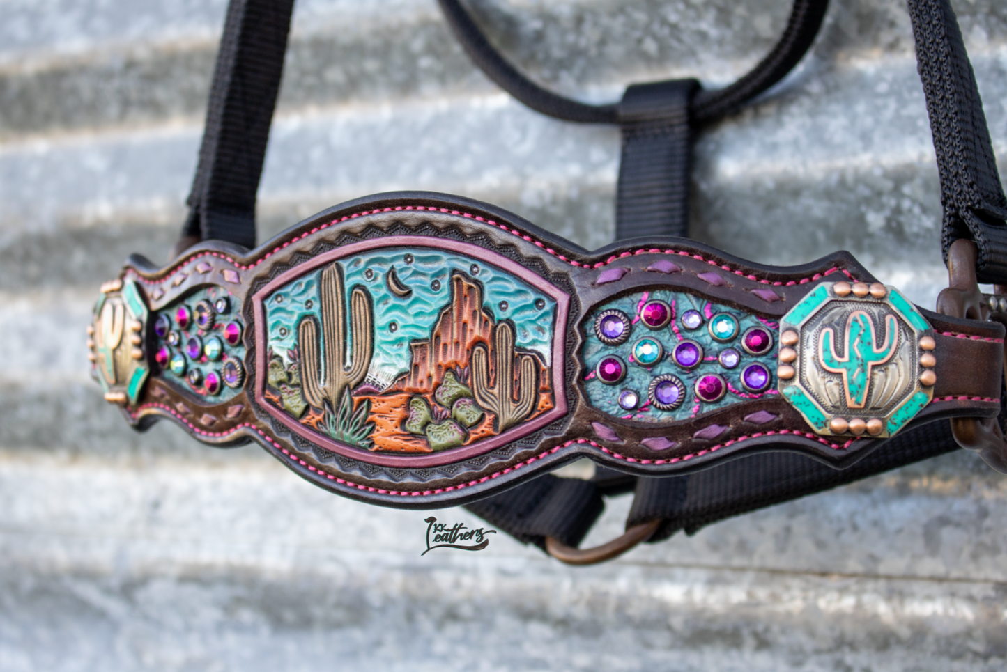 Turquoise and Purple Cactus Desert Bronc Halter