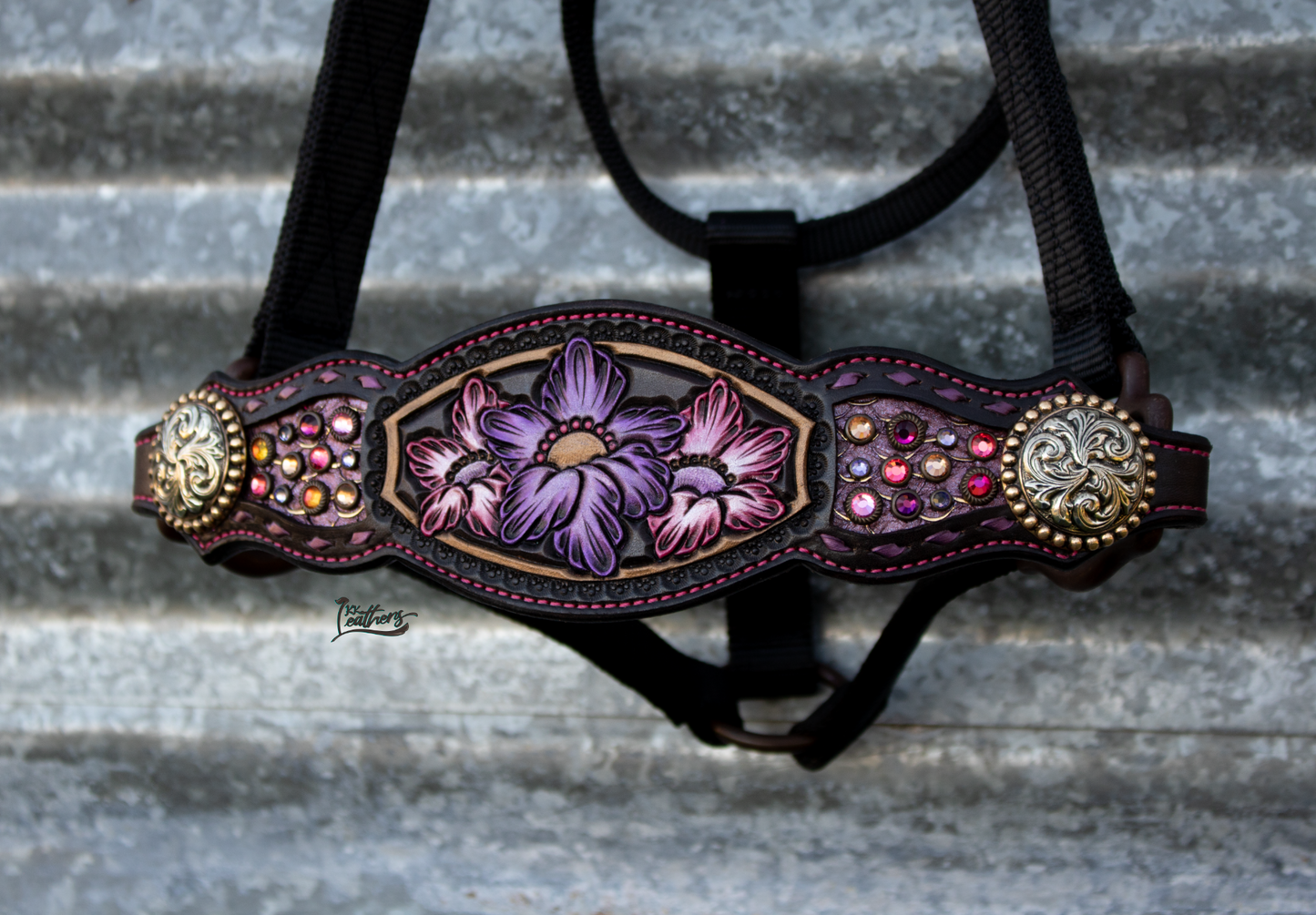 Pink Purple Brass Floral Bronc Halter