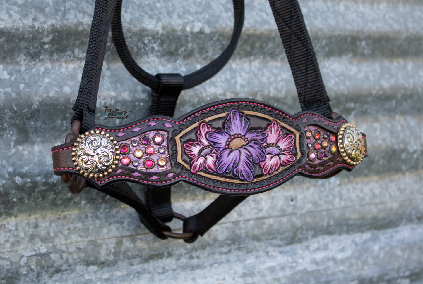 Pink Purple Brass Floral Bronc Halter