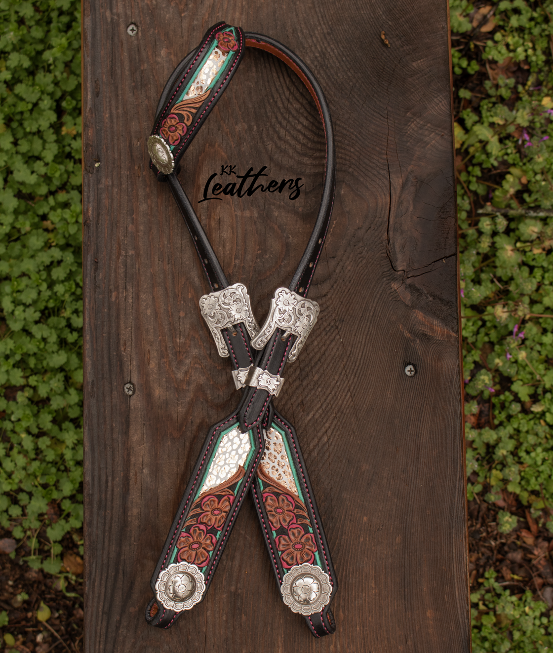 Pink Floral Metallic Leopard Single Ear Headstall