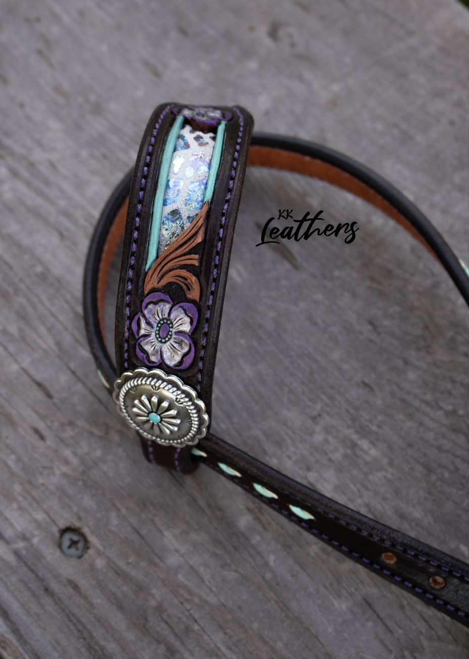 Galaxy Purple and Turquoise Metallic Leopard Floral Single Ear Headstall