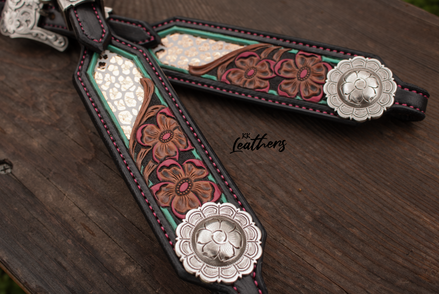 Pink Floral Metallic Leopard Single Ear Headstall