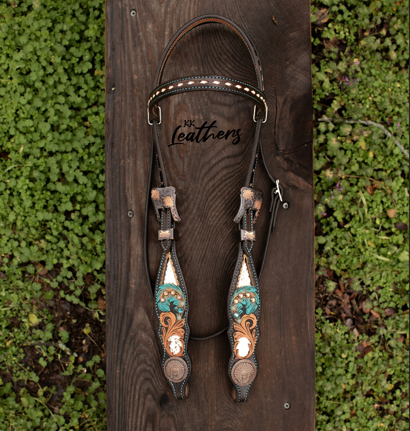 Turquoise Feather Metallic Leopard Buckstitched Browband Headstall