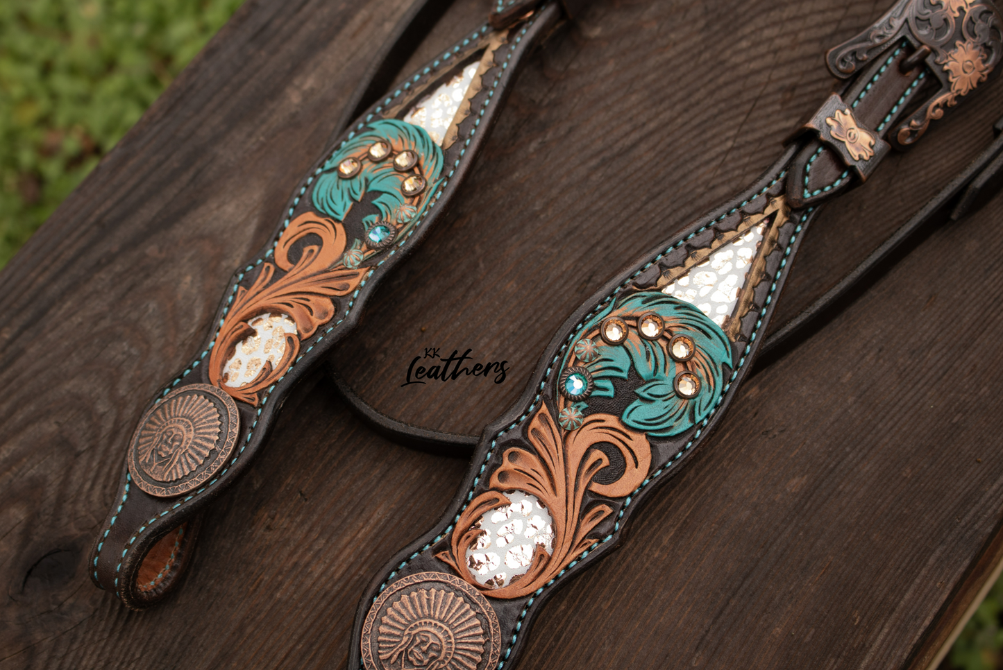 Turquoise Feather Metallic Leopard Buckstitched Browband Headstall