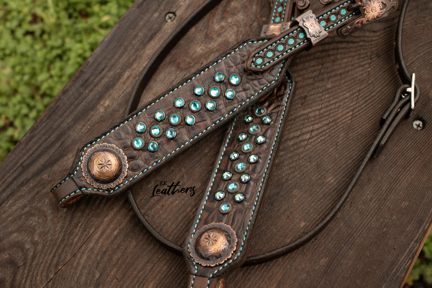 Turquoise Crystal Chocolate Embossed Gator Browband Headstall