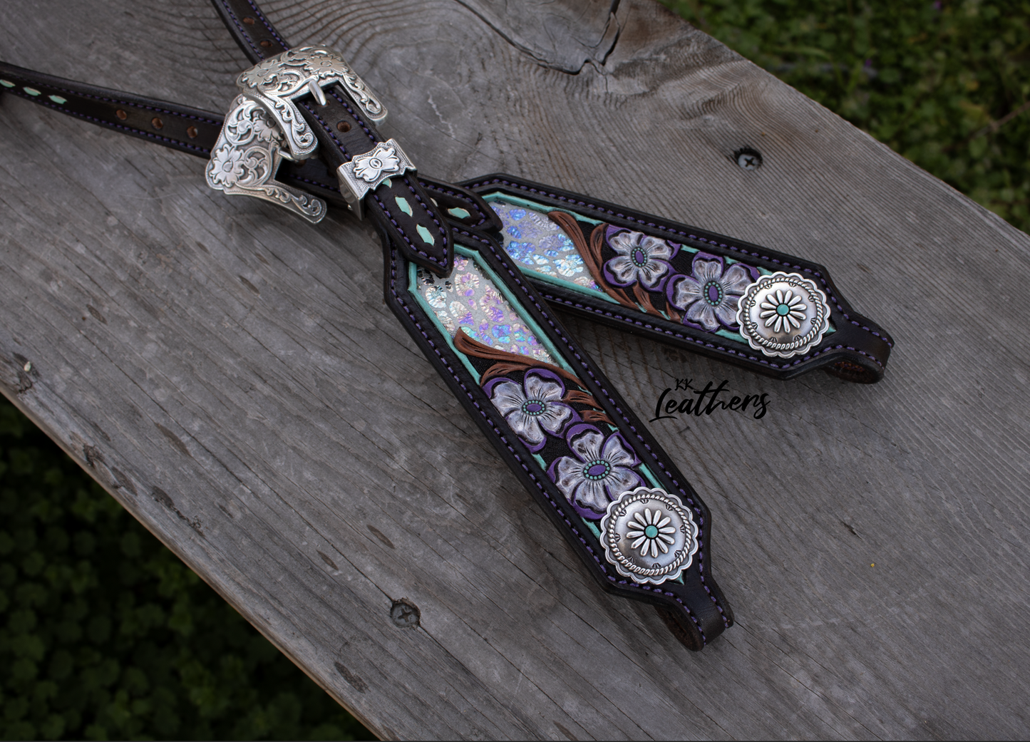 Galaxy Purple and Turquoise Metallic Leopard Floral Single Ear Headstall