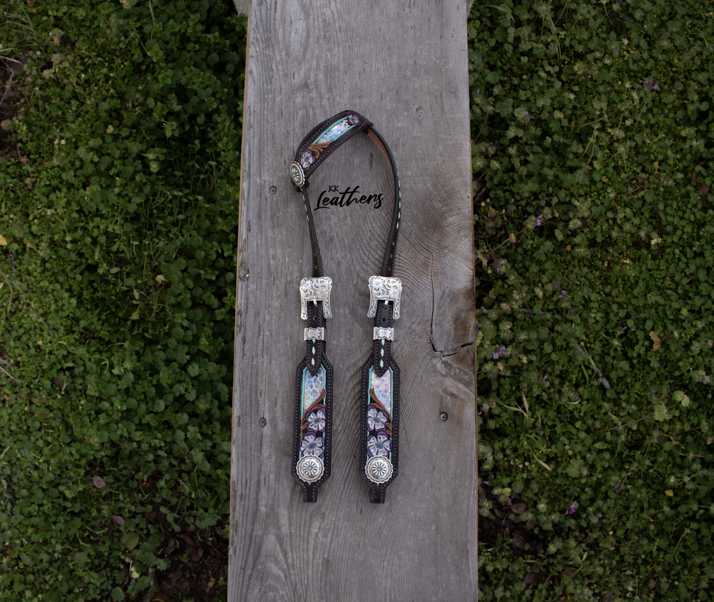 Galaxy Purple and Turquoise Metallic Leopard Floral Single Ear Headstall