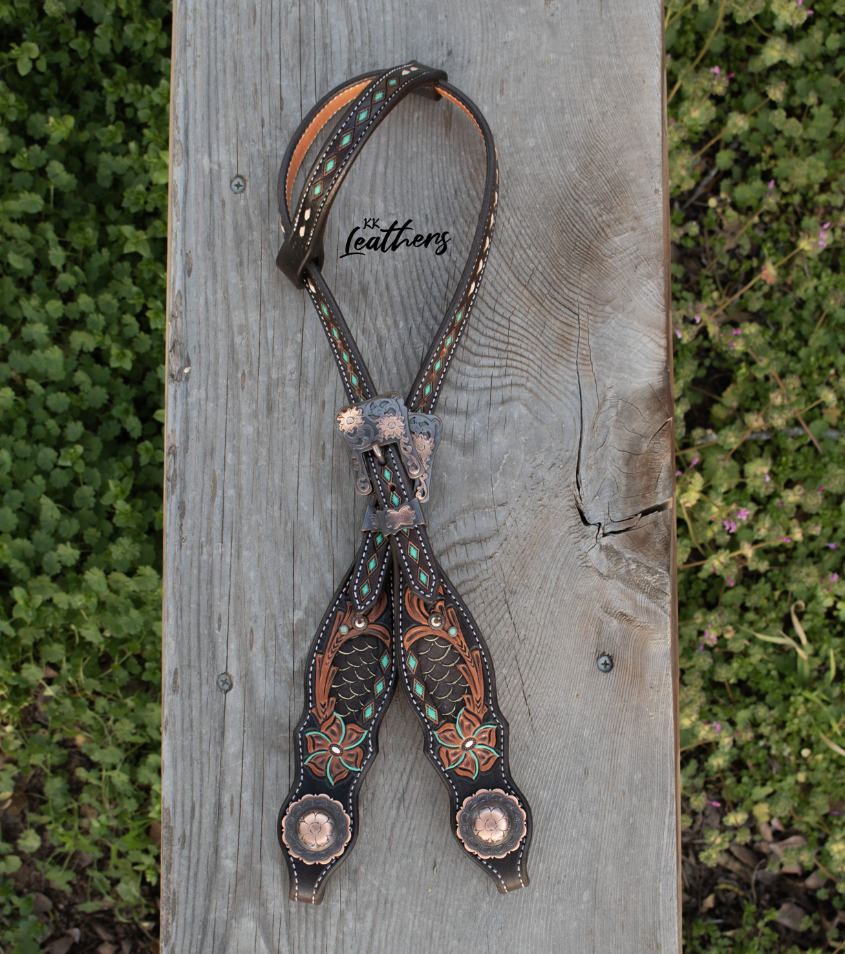Mint Floral Buckstitched Single Ear Headstall