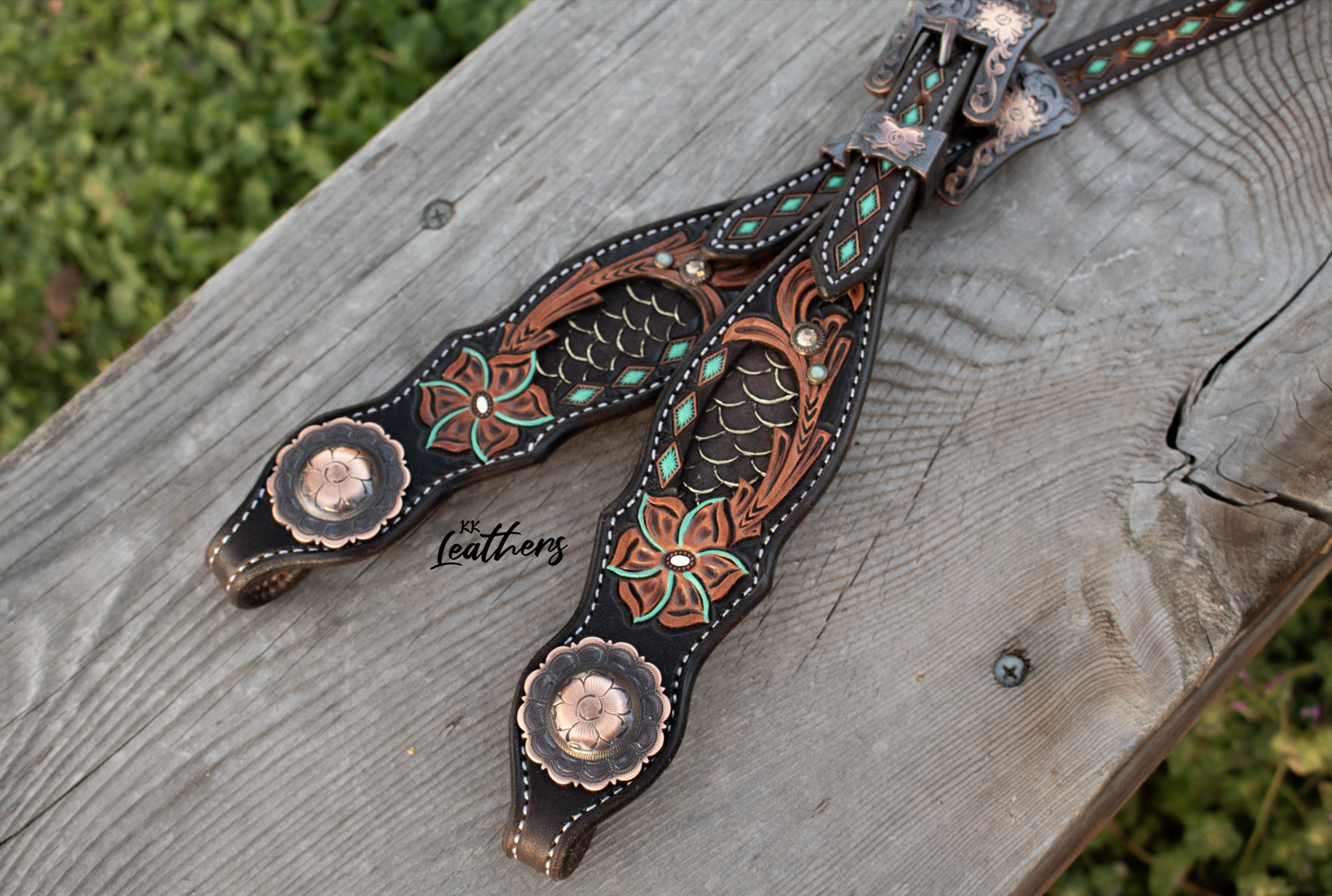 Mint Floral Buckstitched Single Ear Headstall