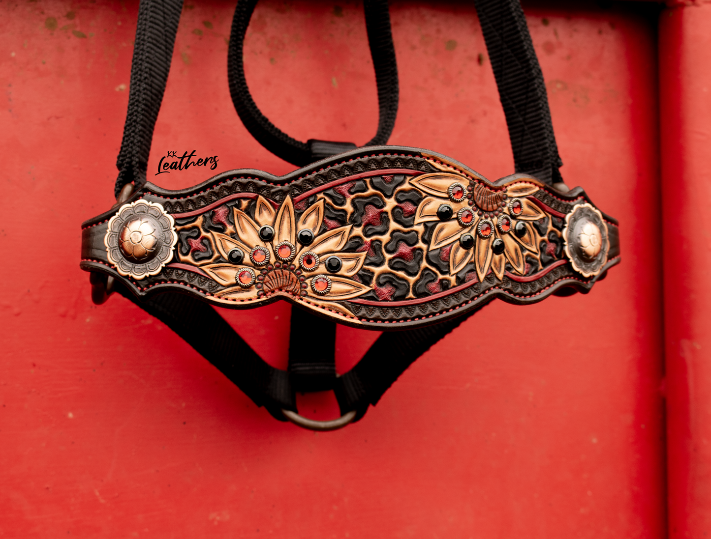Red and Black Leopard Sunflowers Bronc Halter