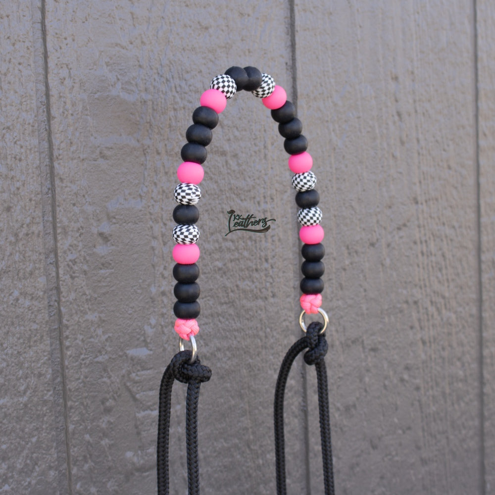 Black Neon Pink Checkered Silicone Beaded Draw Bit Headstall
