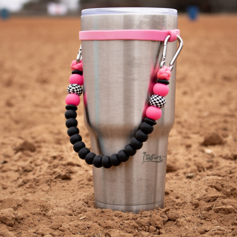 Neon Pink Black Checkered Silicone Beaded Tumbler Strap