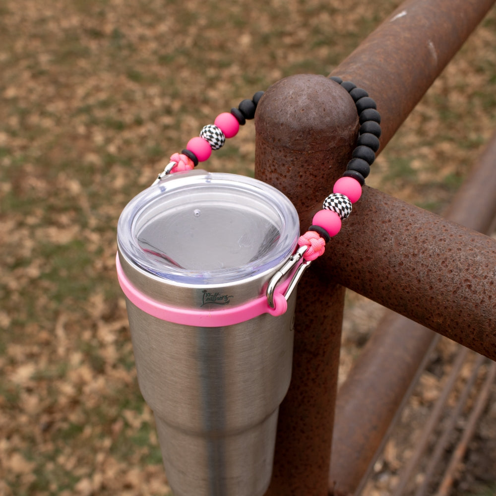 Neon Pink Black Checkered Silicone Beaded Tumbler Strap