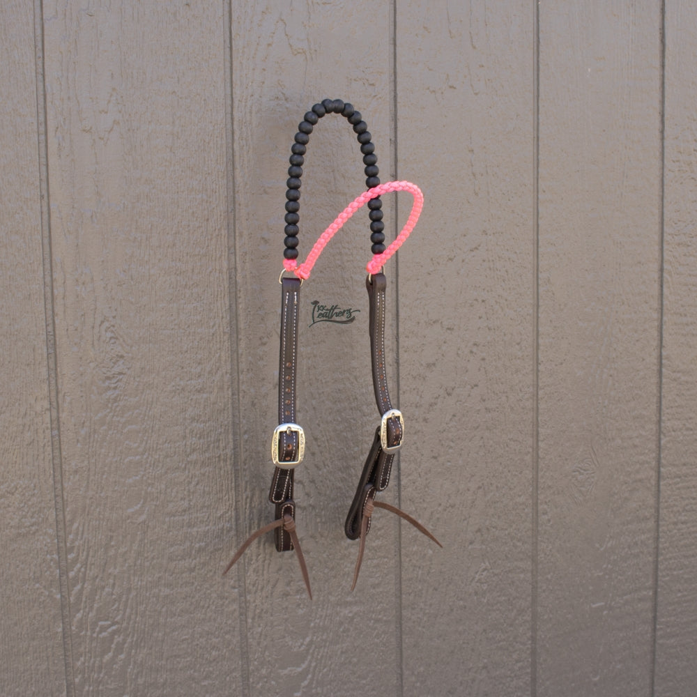 Black and Neon Pink Brow Balancer Silicone Beaded Designer Leather Headstall