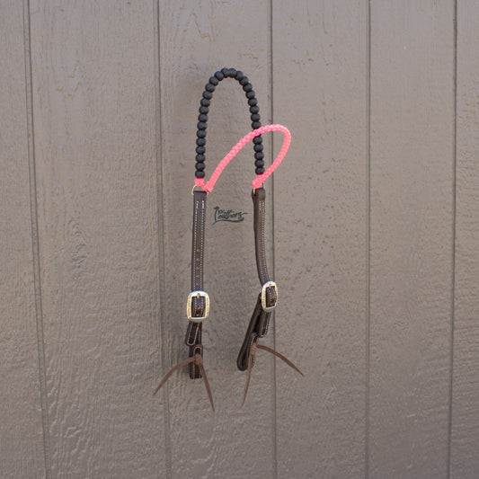 Black and Neon Pink Beaded Browband Leather Headstall