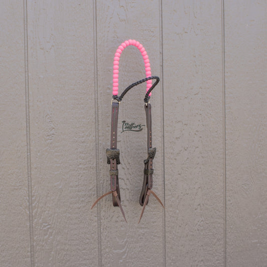Neon Pink Beaded Browband Leather Headstall