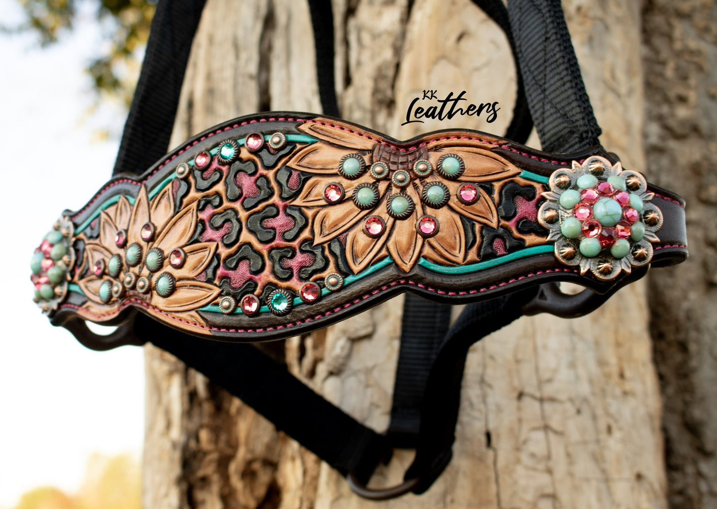 Pink and Turquoise Leopard Sunflower Bronc Halter