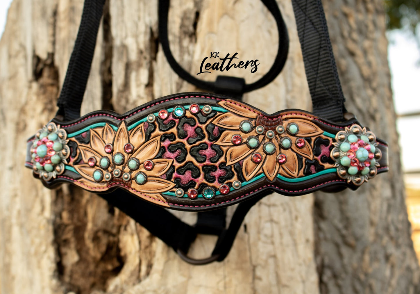 Pink and Turquoise Leopard Sunflower Bronc Halter