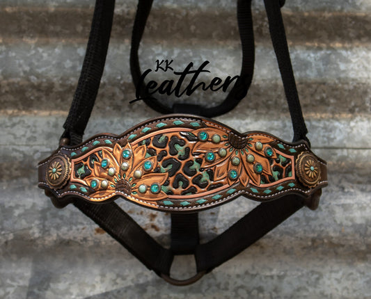 Turquoise and Salmon Leopard Floral Bronc Halter
