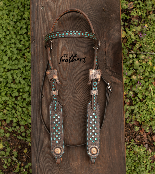 Turquoise Crystal Chocolate Embossed Gator Browband Headstall