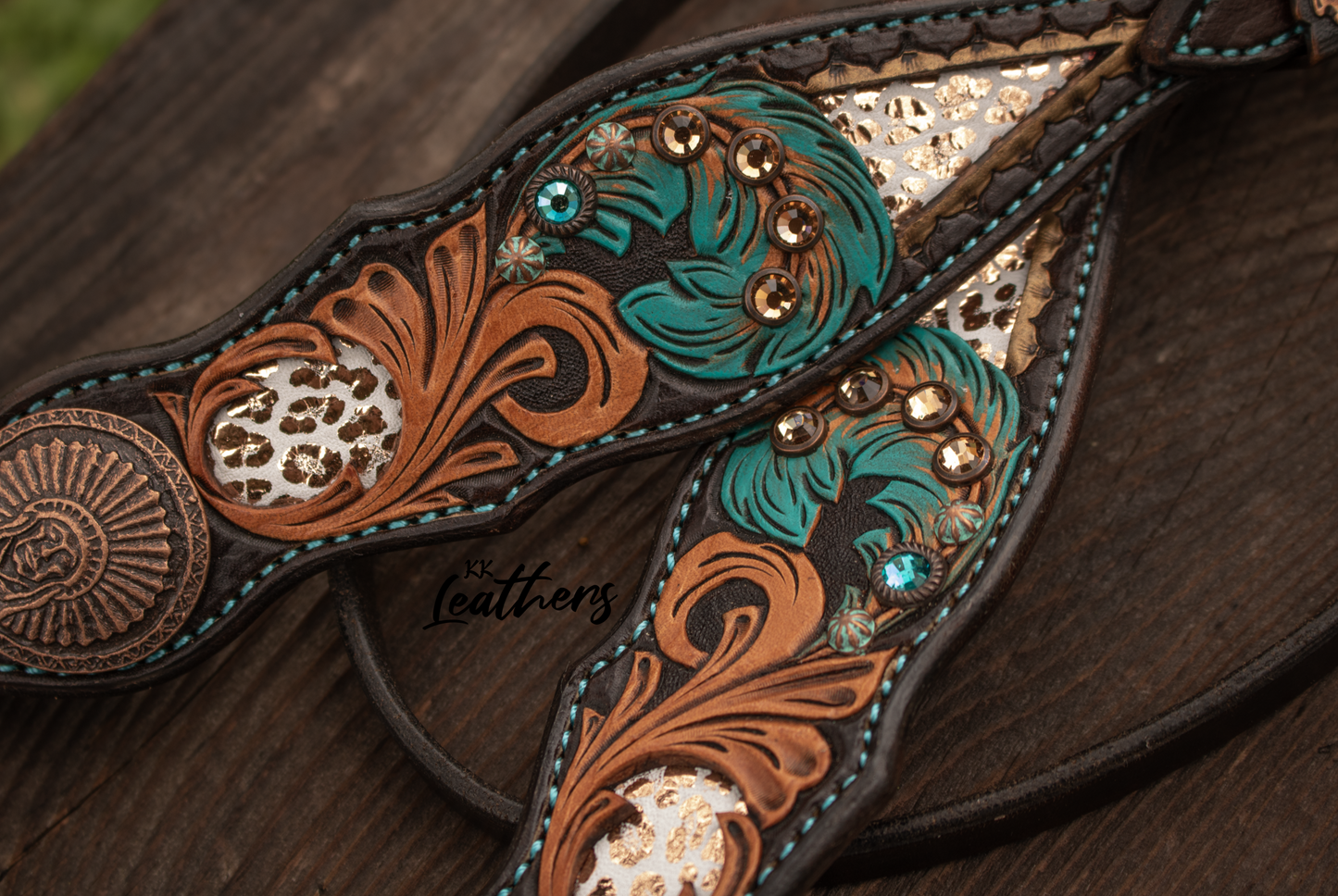 Turquoise Feather Metallic Leopard Buckstitched Browband Headstall
