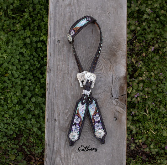 Galaxy Purple and Turquoise Metallic Leopard Floral Single Ear Headstall