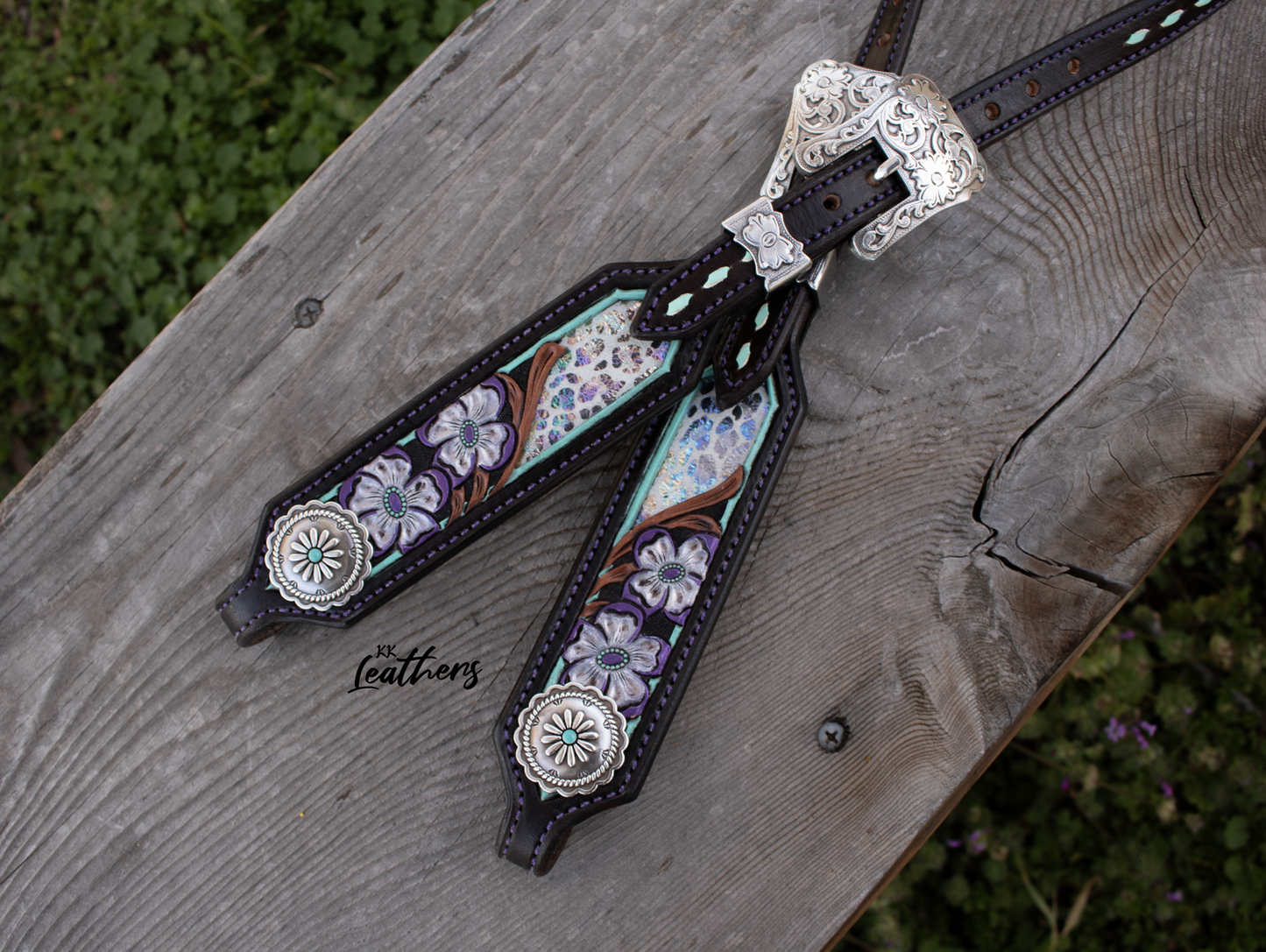 Galaxy Purple and Turquoise Metallic Leopard Floral Single Ear Headstall